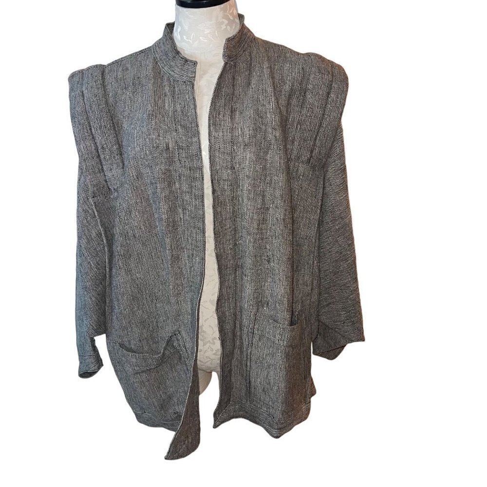 Vintage Jacket Size Large Gray White Tweed Linen Dolman Sleeve Quilted Shoulder